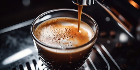 close up of espresso with foam in a steel cup, generative AI