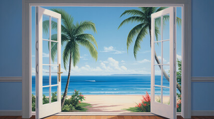 A painting of an open door leading to a beach view