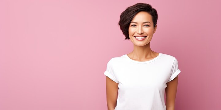 Asian woman on neutral pink background with free space for text, smiling female with white t-shirt standing, ai generated