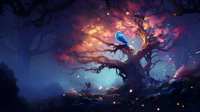 This image is a vibrant digital artwork depicting a luminous blue bird perched on an ancient tree with magical glowing leaves and a mystical atmosphere. © krit