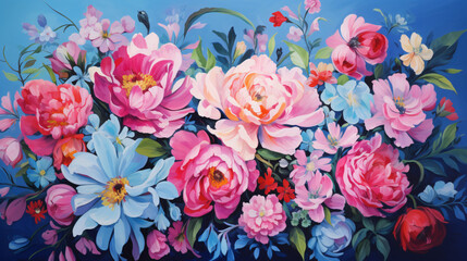 A painting of pink and blue flowers on a blue background