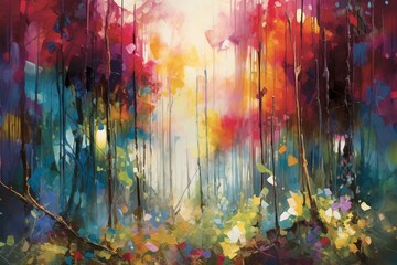 vibrant and fluid abstract painting of lush wooded landscape. Generative AI