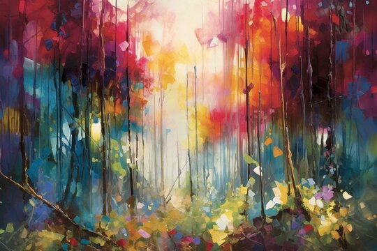 vibrant and fluid abstract painting of lush wooded landscape. Generative AI