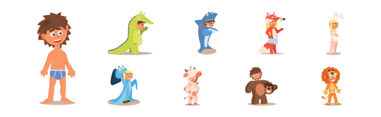 Cute Kids Wearing Animal Costumes and Outfit Vector Set