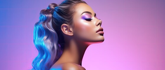 Glamour beauty portrait of a young woman with ponytail and lilac eye shadow, violet pink gradient background, ai generated