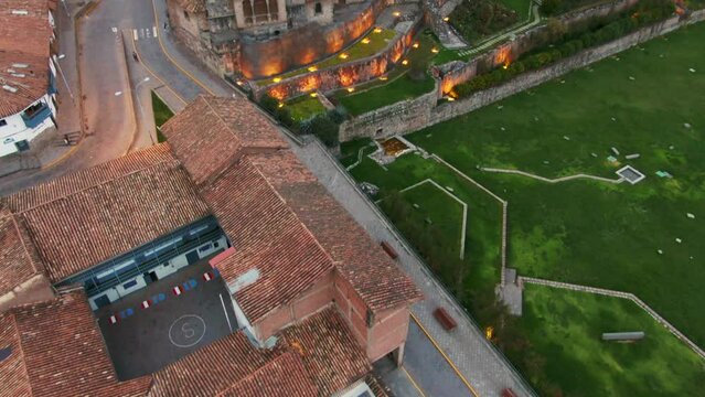 Tilt-up Reveal Of Coricancha, Known As Temple Of The Sun In Cusco, Peru. aerial
