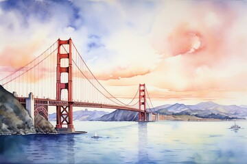 Watercolor illustration of the iconic Golden Gate Bridge in San Francisco, showcasing the cityscape and its architecture. Generative AI