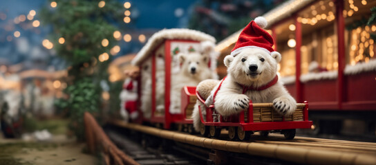 cute polar bear with santa claus hat on the christmas train with christmass light as background