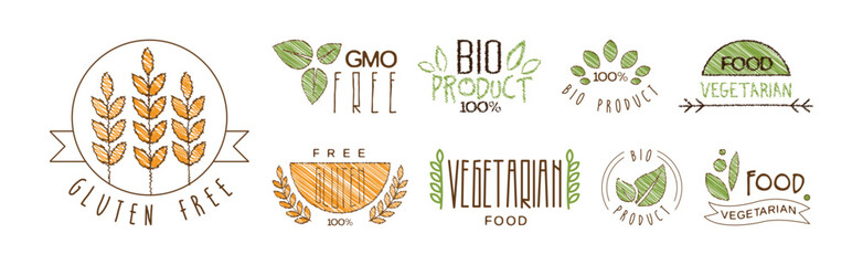 Vegetarian GMO Free Bio Product and Food Label Vector Set