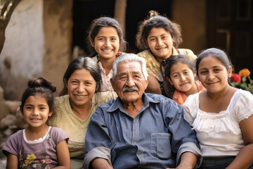 Fototapeta premium Big Mexican family together. Family photo of joyful old people, children and grandchildren. Children and grandchildren visit elderly parents. Family traditions and values. Caring for the elderly.