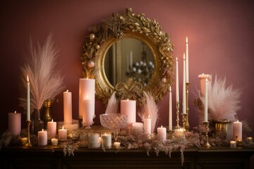 Elegant pink and gold holiday ambiance. Ornate decor of pampas, candles, and Christmas accents. Generative AI