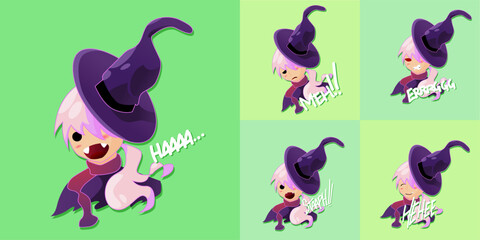 set of funny cartoon and anime Character. Sticker pack halloween theme vector witch girl with scarf. Print design for sticker, mug, t shirt, or chat emot icon