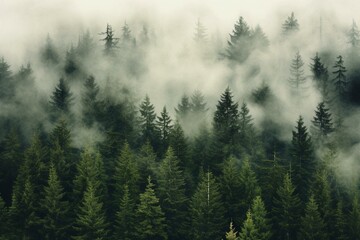 Bird's-eye perspective of misty woods featuring evergreen trees. Generative AI