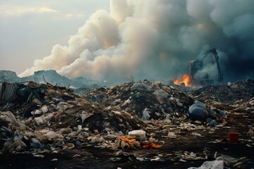 A landfill trash pile, contaminating surroundings. Generative AI - obrazy, fototapety, plakaty
