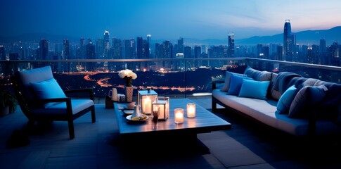 Roof terrace of a beautiful house with night-time view of the city. skyline