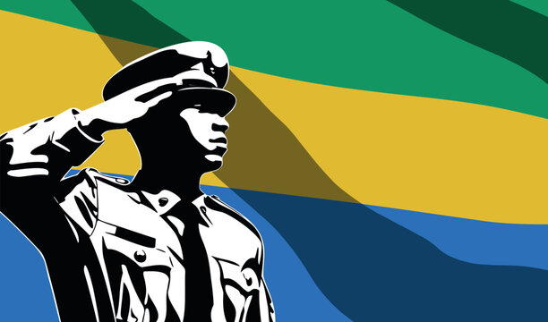 Silhouette of soldier with Gabon flag on background. - Powered by Adobe