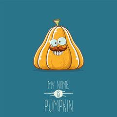 vector funny cartoon cute orange smiling pumkin isolated on blue background. My name is pumkin vector concept illustration. vegetable funky halloween or thanksgiving day character