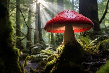 A vibrant mushroom emerges among towering trees in the mystical forest, its crimson cap speckled with white. Generative AI