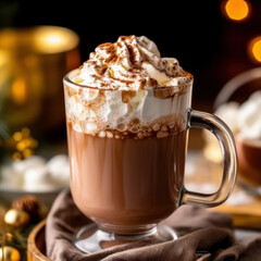 A close-up of a glass of hot chocolate with whipped 
