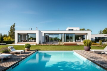 Contemporary residence with pool and garden, bright day, clear sky. Generative AI