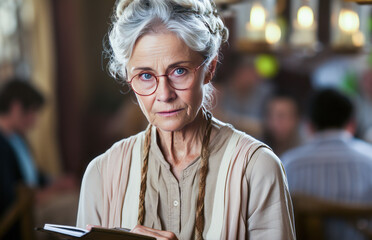 Engaging retiree with a concerned expression planning a charity fair.