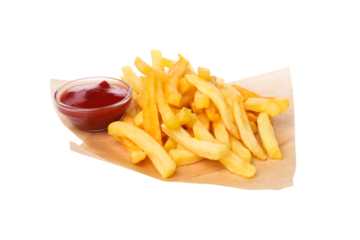 PNG French fries with sauces isolated on white background.
