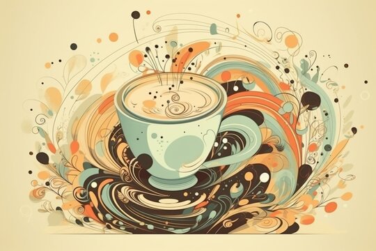 Unique coffee cup artwork on soft colored backdrop. Lovely illustration. Generative AI