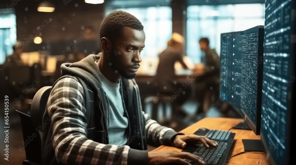 Aufkleber Advanced technology cyber developer creating a node network using binary encryption in modern office.