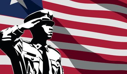 Silhouette of soldier with Liberia flag on background.