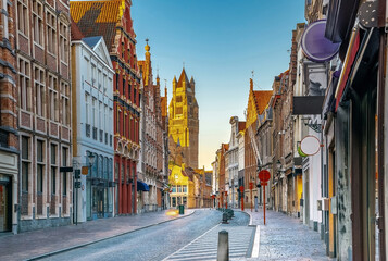 Scenic cityscape with a nice medieval fairytale town in morning, Bruges, Belgium