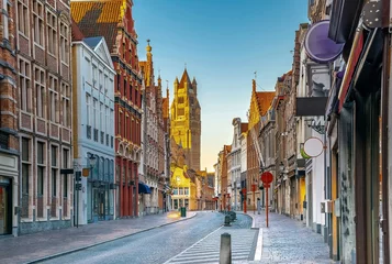 Poster Im Rahmen Scenic cityscape with a nice medieval fairytale town in morning, Bruges, Belgium © naughtynut