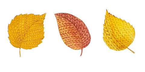 Knitting watercolor autumn leaves clipart. Cozy warm elements for autumn mood