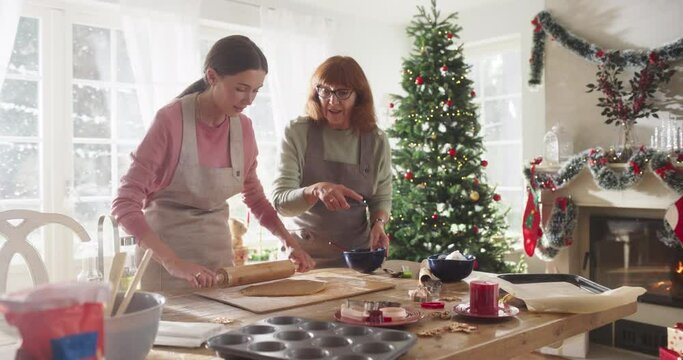 Slow Motion Portrait of Adult Mother and Daughter Preparing Christmas Dinner for Guests. Beautiful Woman and her Senior Mother Bonding While Cooking, Talking, Spending Time Together on Holidays