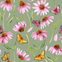 Watercolor pink echinacea flowers seamless pattern Hand painted illustration with elegant garden pink daisies flowers to design invitations, postcards and other print - obrazy, fototapety, plakaty