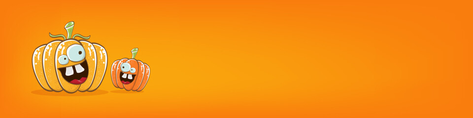Funky Halloween or thanksgiving day horizontal banner with vector funny cartoon cute smiling friends pumpkins isolated on orange background.