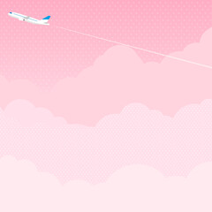 飛行機とピンク色の雲・空　背景素材（正方形）