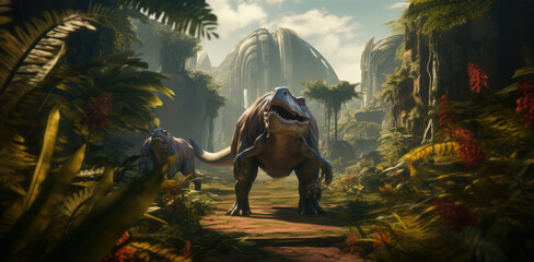 Ancient world with giant ferns and dinosaurs roaming around.