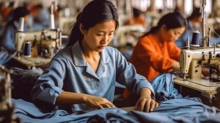 Asian worker sewing clothing in garment factory. - obrazy, fototapety, plakaty