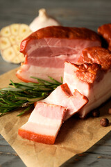 Meat food and tasty food concept - delicious bacon