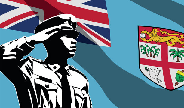 Silhouette of soldier with Fiji flag on background.