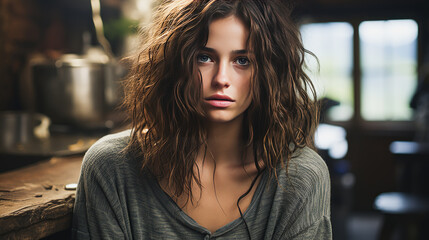 Melancholic brunette teenager girl with short hair expressing sadness. - obrazy, fototapety, plakaty