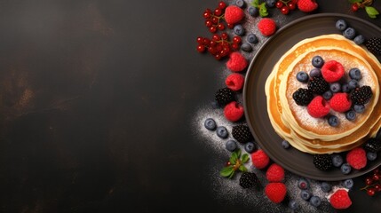 Delicious pancakes with fresh berries on a black stone background - obrazy, fototapety, plakaty