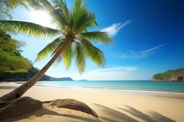 Beautiful beach with palm tree. Generative AI