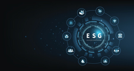 Sustainable business on networked connection vector illustration on blue color background. ESG icon concept .Environmental,Social and Corporate Government.	
