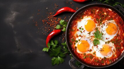 Shakshuka eggs in a pan on a black concrete background.