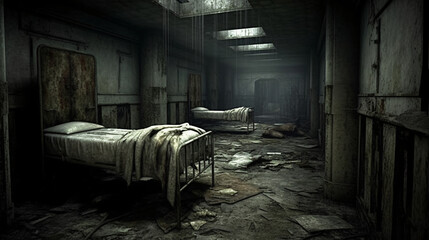 A haunting glimpse into the decaying interior of an abandoned hospital, where empty corridors and medical ruins create an eerie atmosphere of abandonment. C