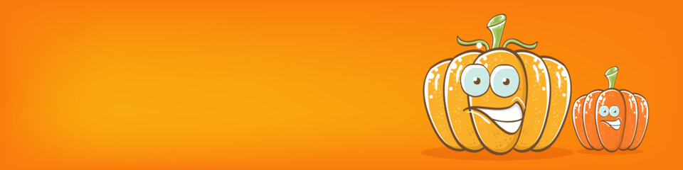 Funky Halloween or thanksgiving day horizontal banner with vector funny cartoon cute smiling friends pumpkins isolated on orange background.