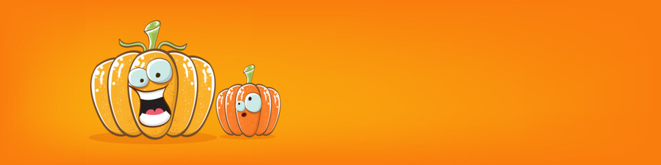 Funky Halloween or thanksgiving day horizontal banner with vector funny cartoon cute smiling friends pumpkins isolated on orange background.