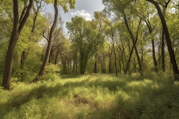 Fuzzy wooded area with trees in a natural park. Generative AI