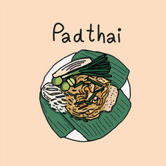 Pad Thai food of Thailand in the dish. Hand draw style vector illustration.